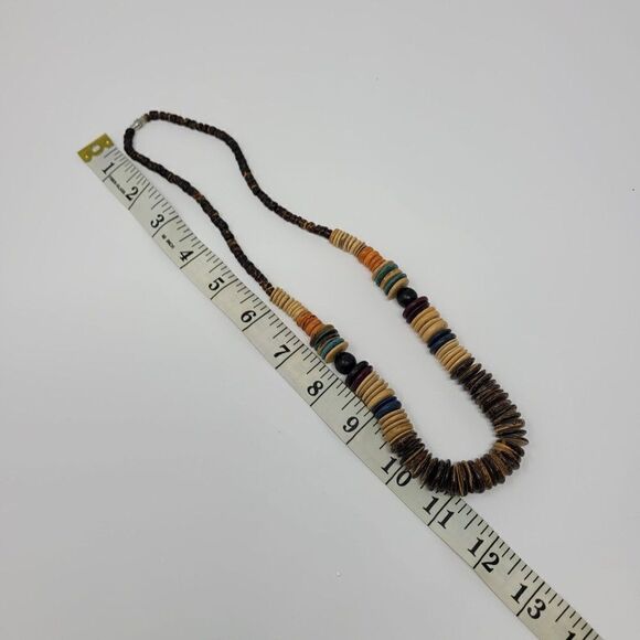 Multicolor Wooden Bead Matinee Necklace 22" Primitive Tribal Beachy Boho - Picture 7 of 9